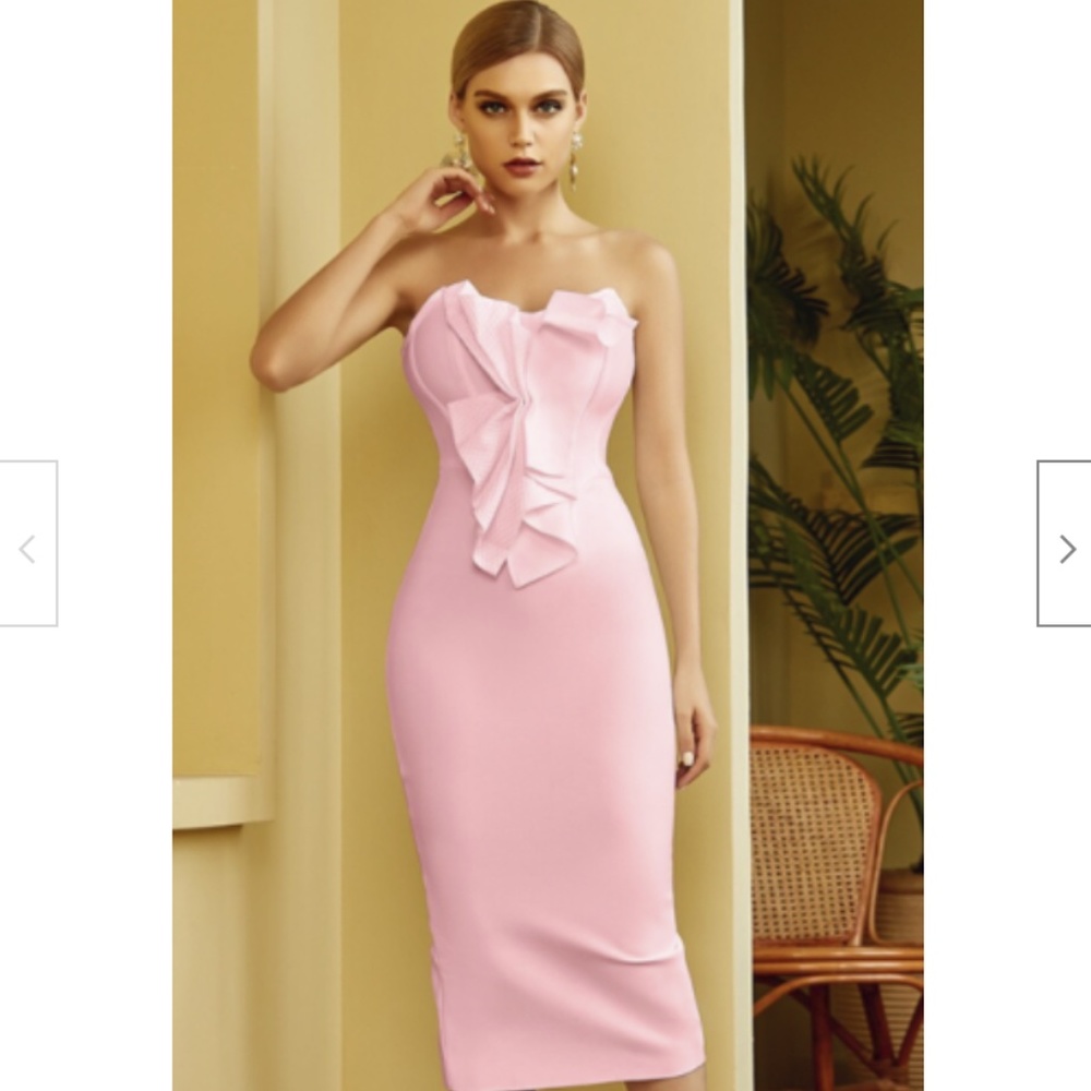 NEW! DESIGNER COUTURE PINK STRAPLESS RUFFLE BANDAGE DRESS TEXTURED RUFFLE BOW